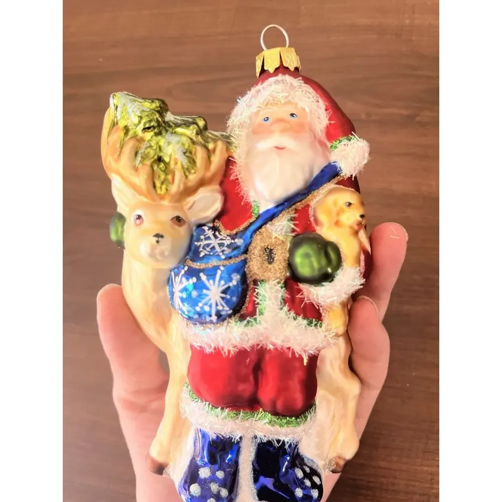 Vintage Glass Christmas Ornament Santa And Deer With Texture Hand Painted